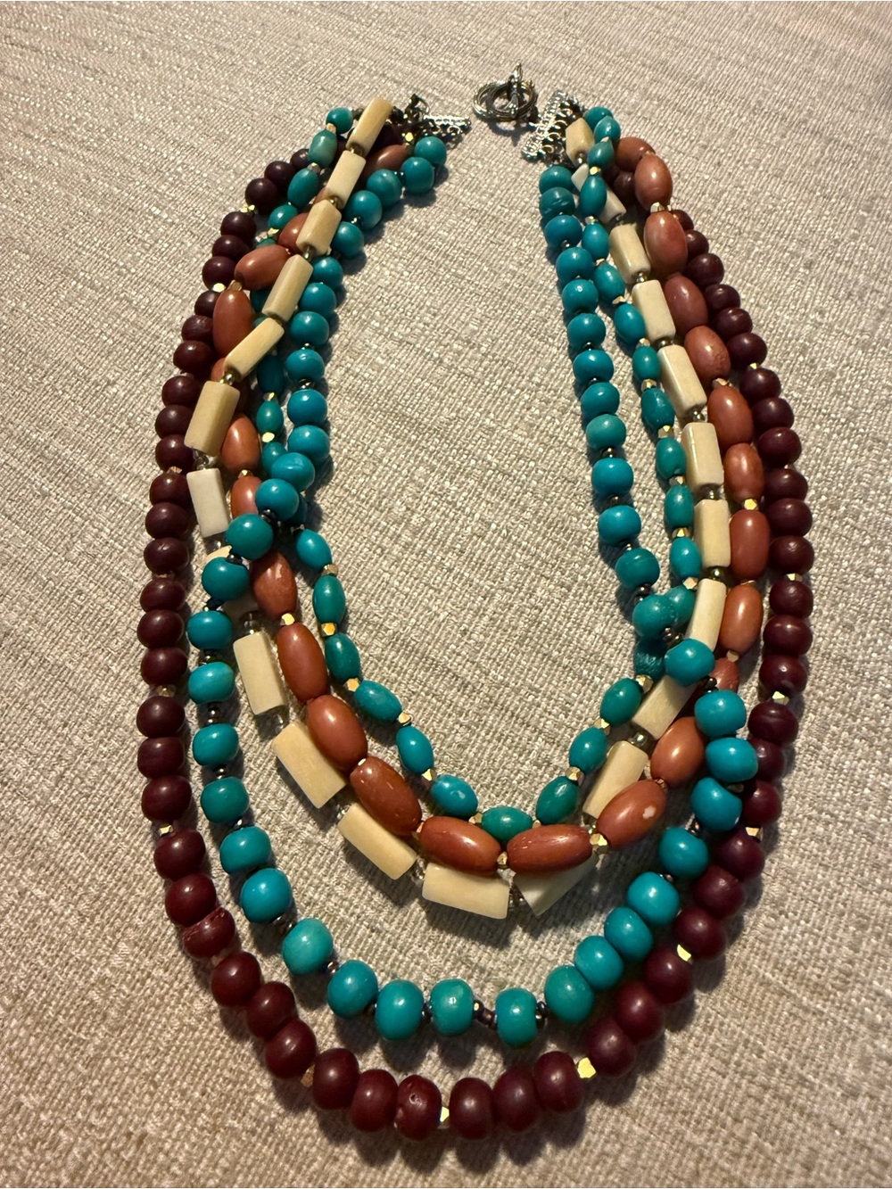 Multi-Strand Turquoise, Brown & Cream Beaded Necklace